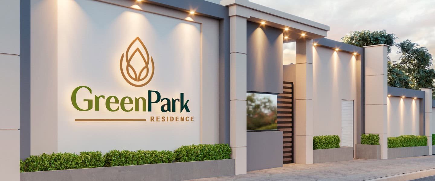 Entrada moderna do GreenPark Residence com fachada elegante.